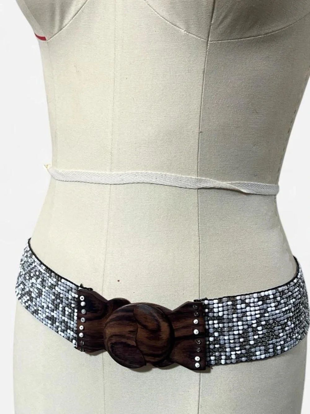 Vintage Beaded Stretch Belt Wooden Buckle Boho Artisan Waist Belt